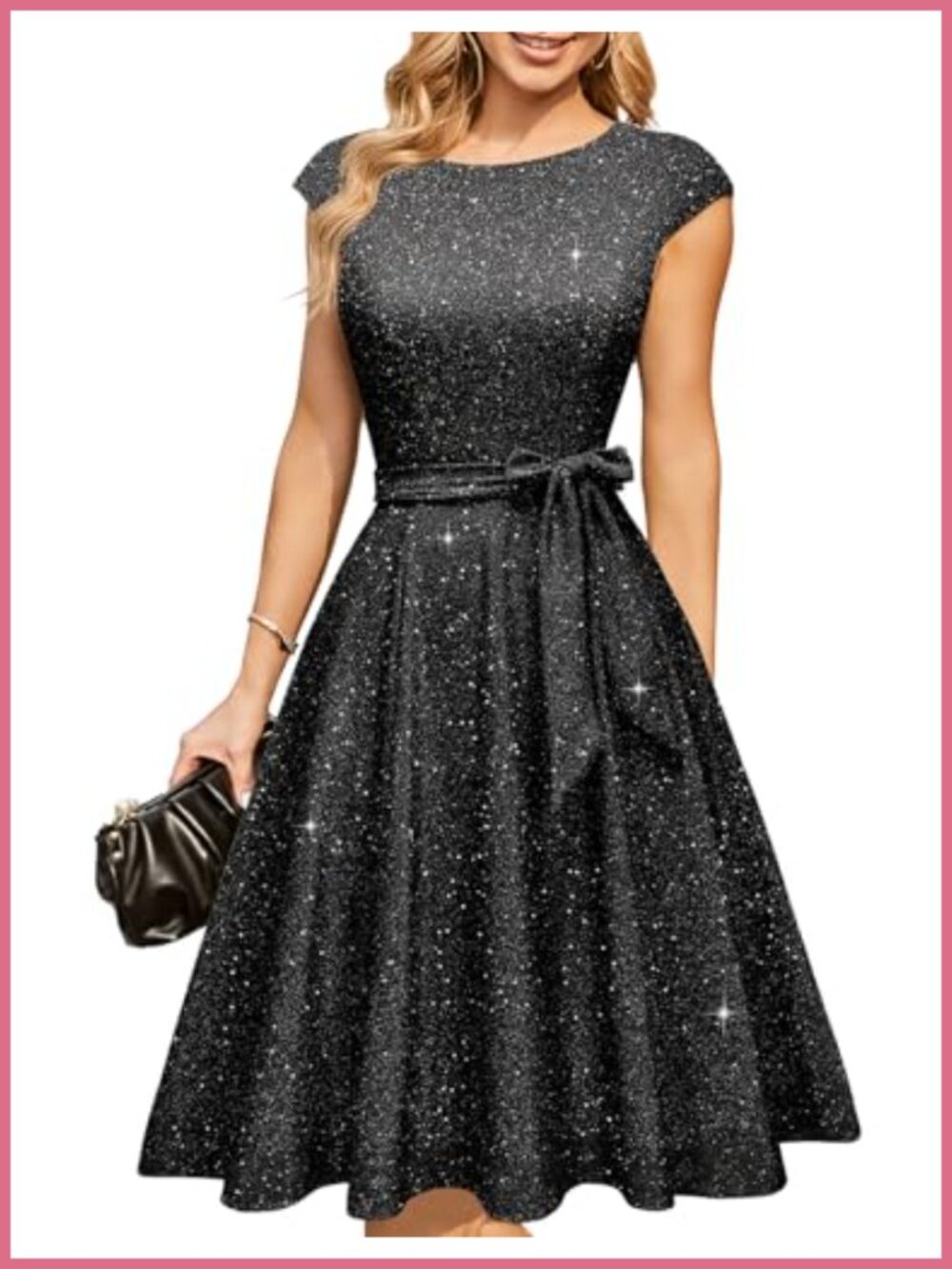 Sequin Cocktail Midi Dress Cap Sleeve A-Line Formal Wedding Guest